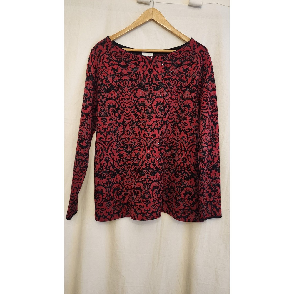 J Jill Sweater Womens Large Red Black Damask Glitter Boat Neck Knit Pullover
